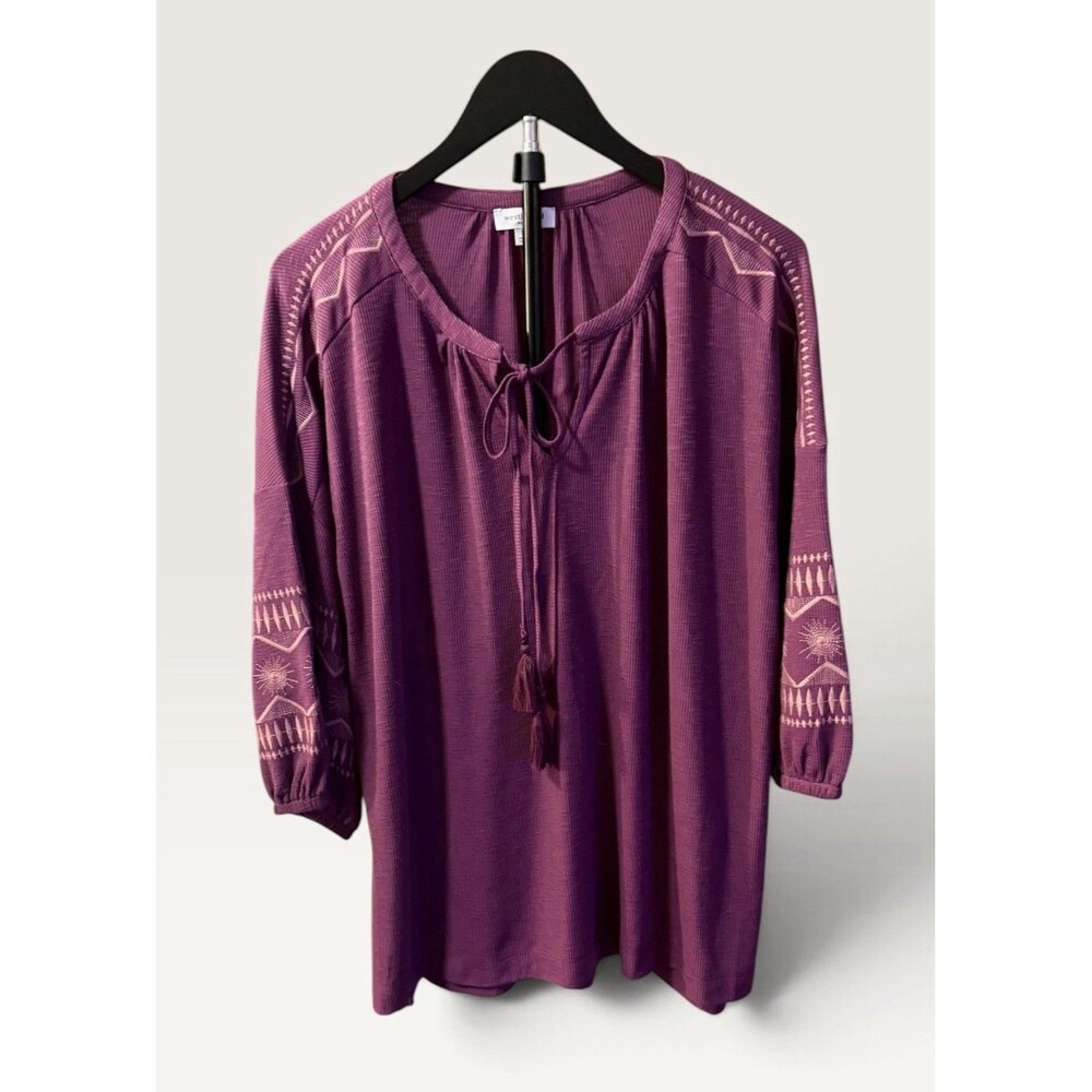 Westbound Embroidered Peasant Blouse XL Ribbed Knit Tie Neck Boho Maroon NWOT